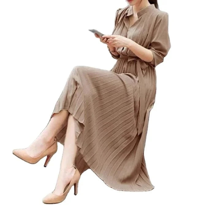 2024 Women's Minimalist Long Sleeve Solid Color Stand Up Collar Tie Up Waist Pleated Women's Clothes  Casual Loose Fitting Dress