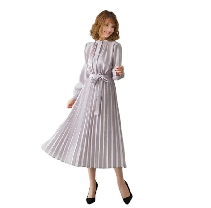 2024 Women's Minimalist Long Sleeve Solid Color Stand Up Collar Tie Up Waist Pleated Women's Clothes  Casual Loose Fitting Dress