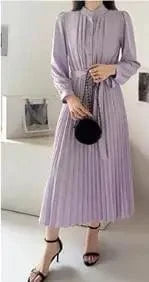 2024 Women's Minimalist Long Sleeve Solid Color Stand Up Collar Tie Up Waist Pleated Women's Clothes  Casual Loose Fitting Dress