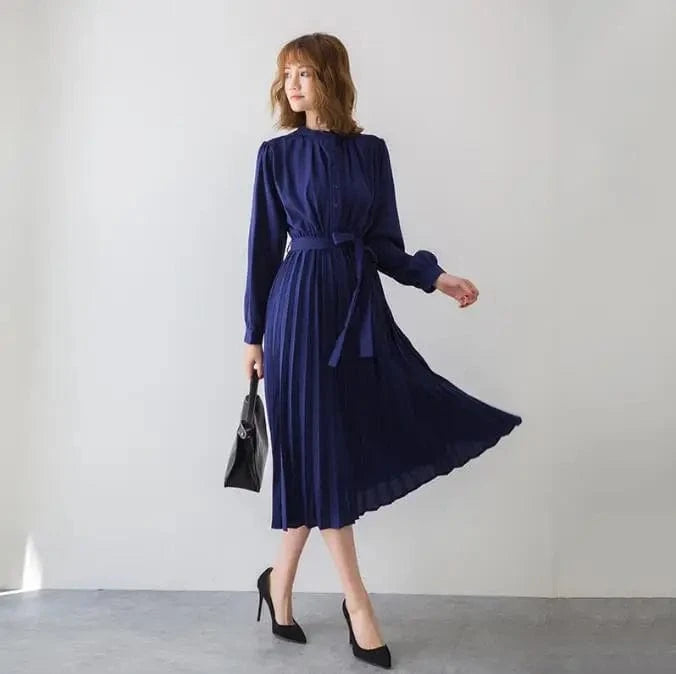 2024 Women's Minimalist Long Sleeve Solid Color Stand Up Collar Tie Up Waist Pleated Women's Clothes  Casual Loose Fitting Dress
