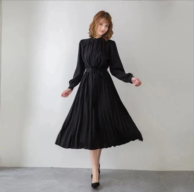 2024 Women's Minimalist Long Sleeve Solid Color Stand Up Collar Tie Up Waist Pleated Women's Clothes  Casual Loose Fitting Dress