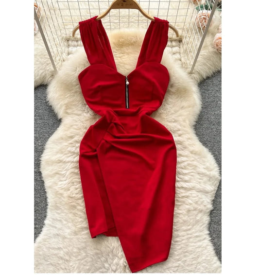 2024 Women's New Fashion Sexy Zipper Halter Dress Irregular Slim Short Dress