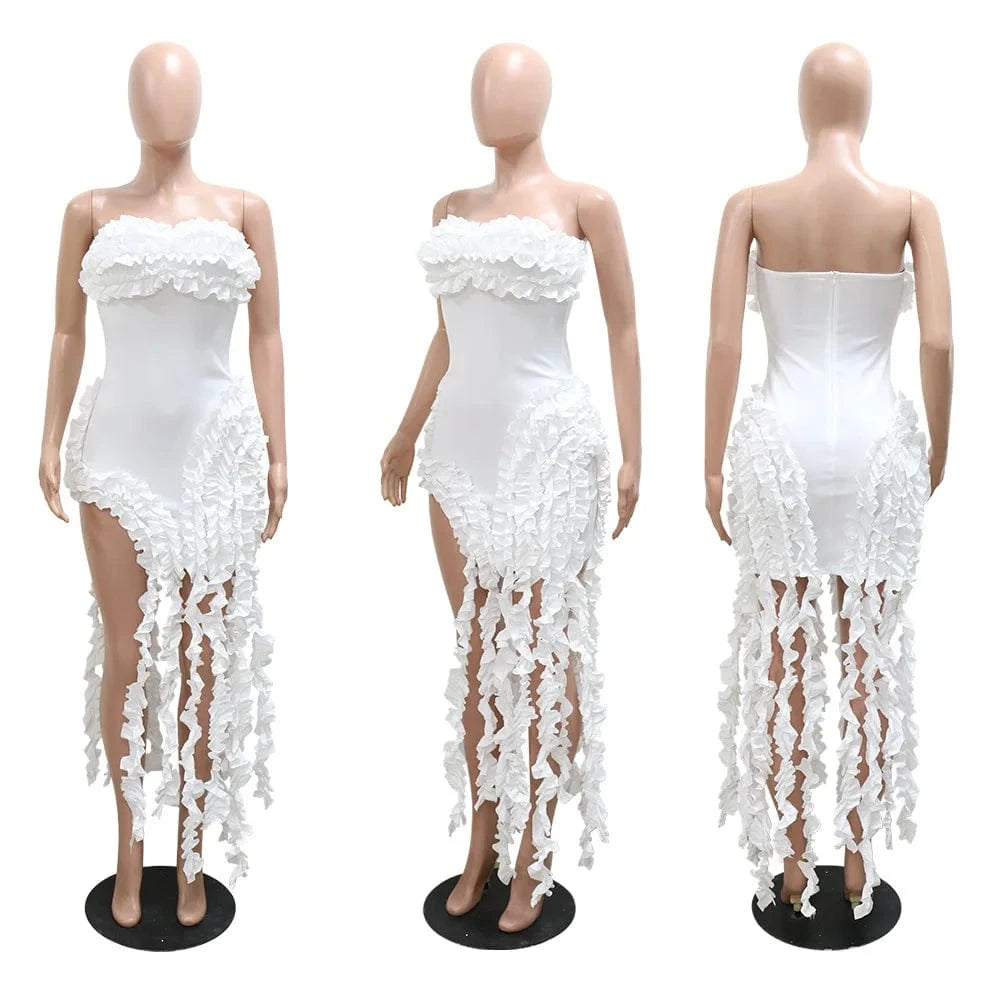 2024 Women Sexy Tassels Evening Dress Club Party Prom Irregular Strapless Gown Spring Summer Fashion Bodycon Tube Dress