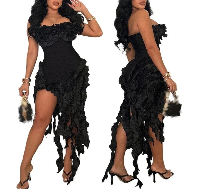 2024 Women Sexy Tassels Evening Dress Club Party Prom Irregular Strapless Gown Spring Summer Fashion Bodycon Tube Dress