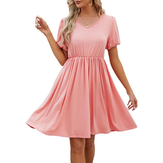 2024 Women Short Sleeve Dress Europe New Fashion Lady  Spring Summer Patchwork  V-neck Casual Daily Midi A-line Dress