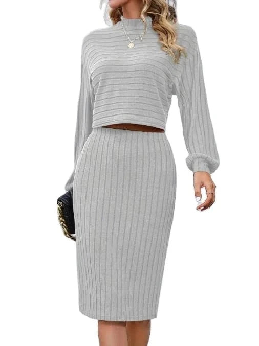 2024 Women Spring Autumn Solid Color Dresses Elegant Long Sleeved Buttocks Wrapped Skirt Striped Pencil Casual Mid-Skirt