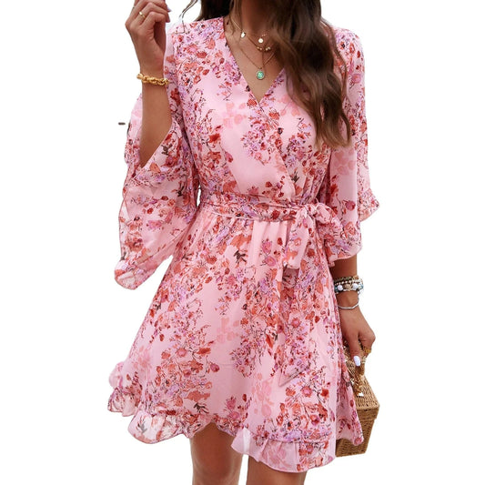 2024 Women Spring Summer V-neck Floral Printed Dresses Elegant Half Sleeve Lace Up Belt Flower Lady Women's Short Dress