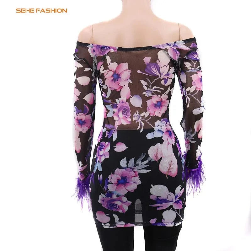 20318-MX77 Y2K floral off shoulder bodycon mini women club dresses sehe fashion