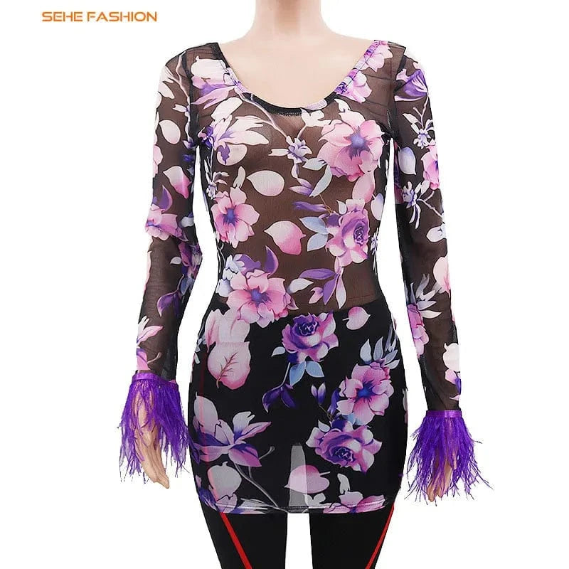 20318-MX77 Y2K floral off shoulder bodycon mini women club dresses sehe fashion