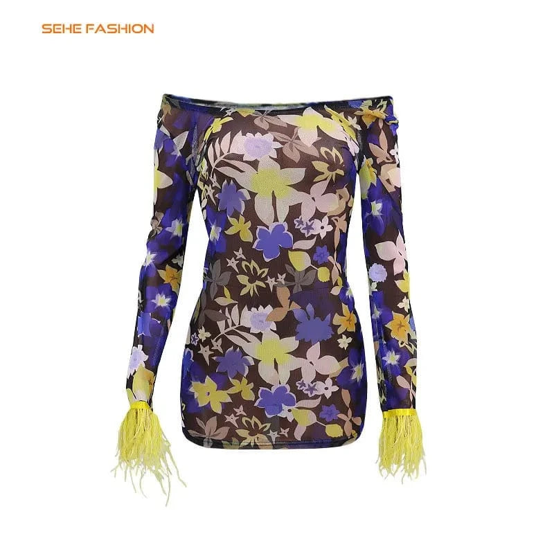 20318-MX77 Y2K floral off shoulder bodycon mini women club dresses sehe fashion