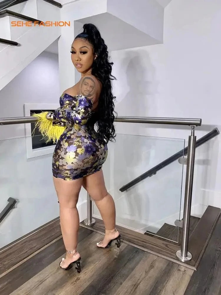 20318-MX77 Y2K floral off shoulder bodycon mini women club dresses sehe fashion