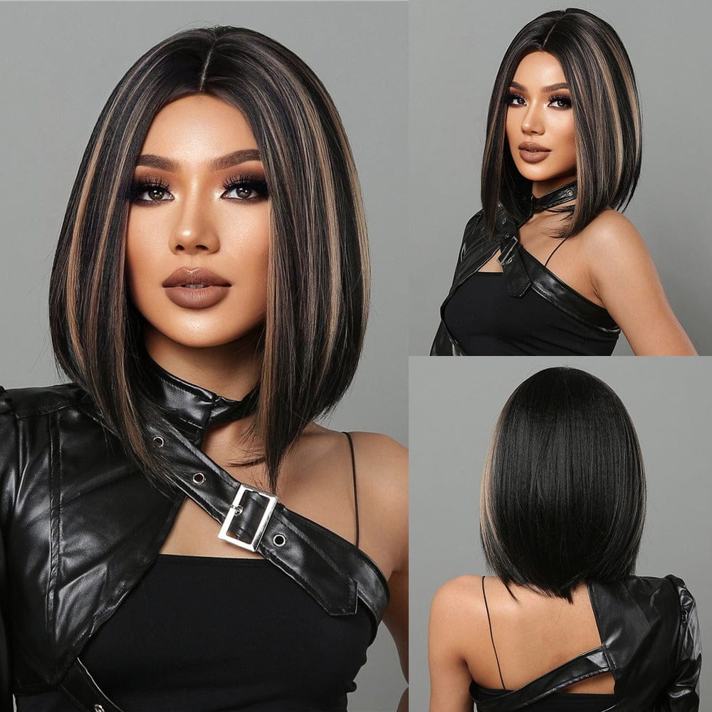 2038-1 Factory stock Short Straight Synthetic Wigs for Women Blonde to Brown Ombre Bob Wigs with Bangs Daily Heat Resistant Hair