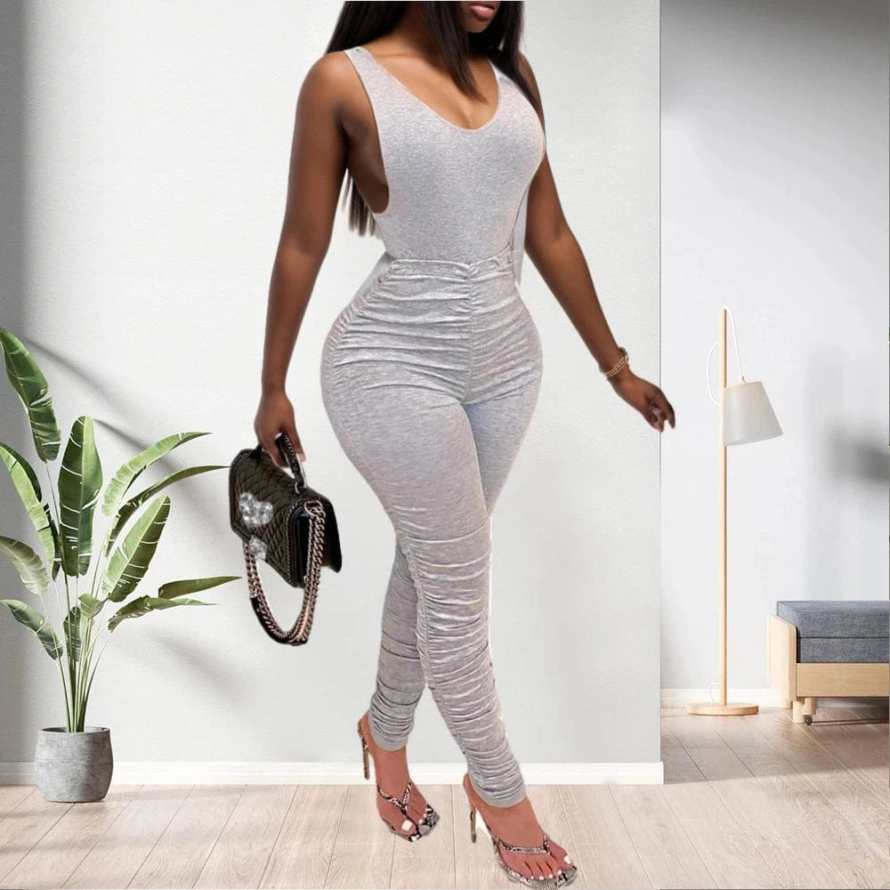 20530-MX70 women solid color sleeveless stacked jumpsuits sehe fashion
