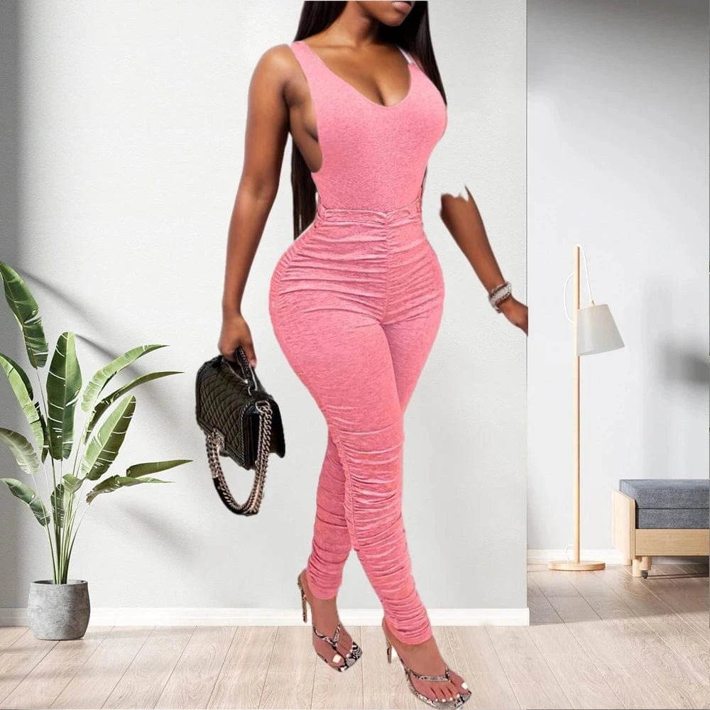 20530-MX70 women solid color sleeveless stacked jumpsuits sehe fashion