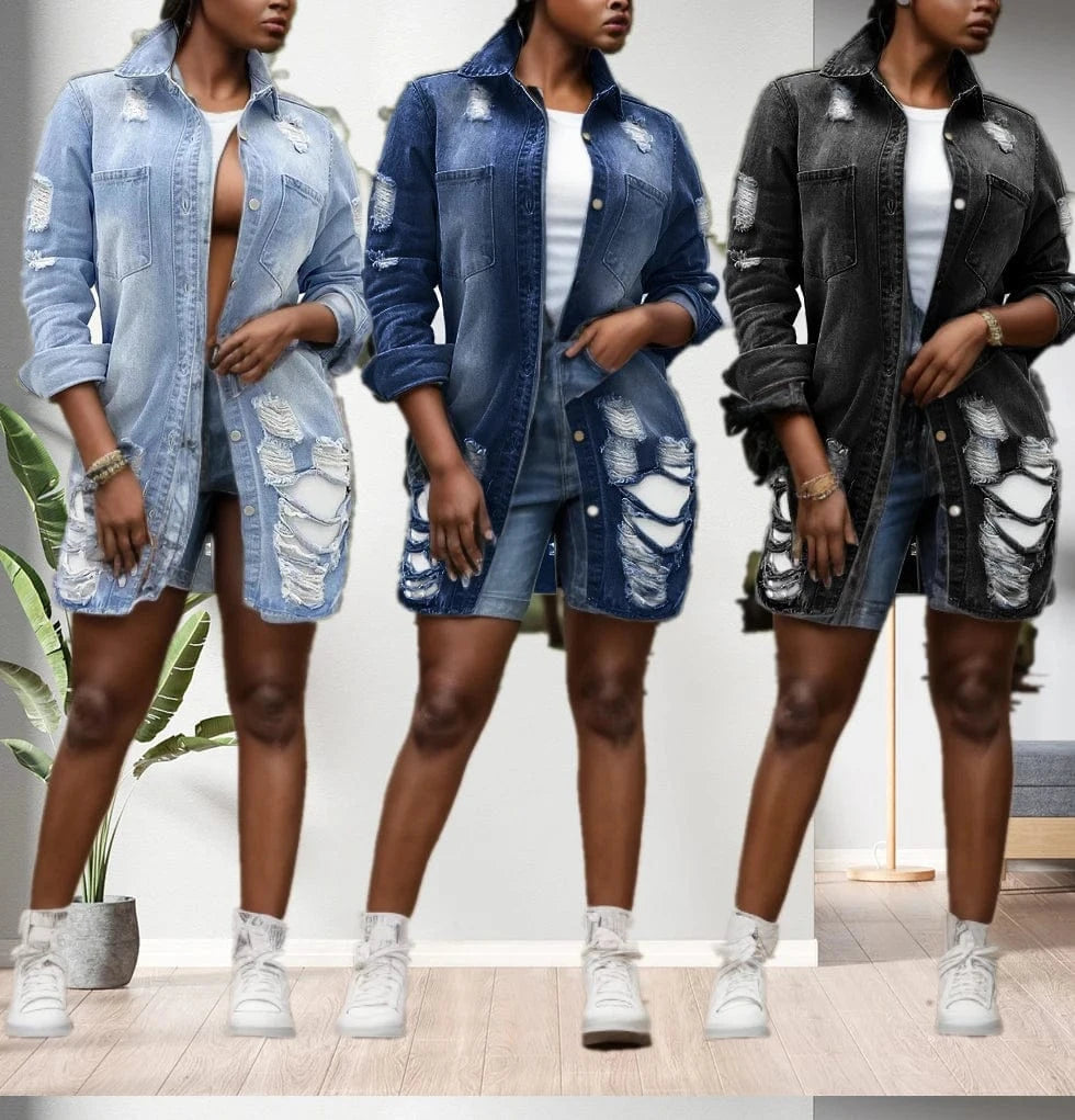 20530-MX99 ripped design denim long Pocket women coats sehe fashion