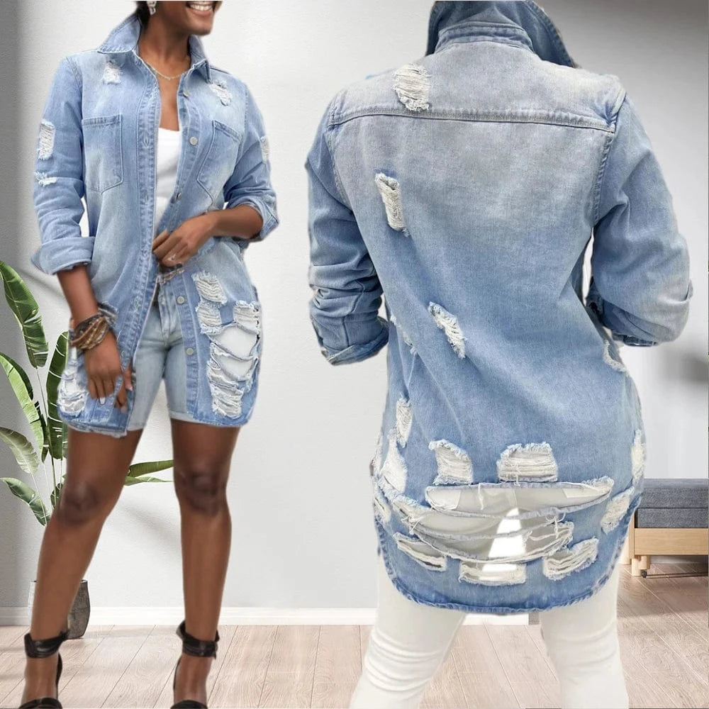 20530-MX99 ripped design denim long Pocket women coats sehe fashion