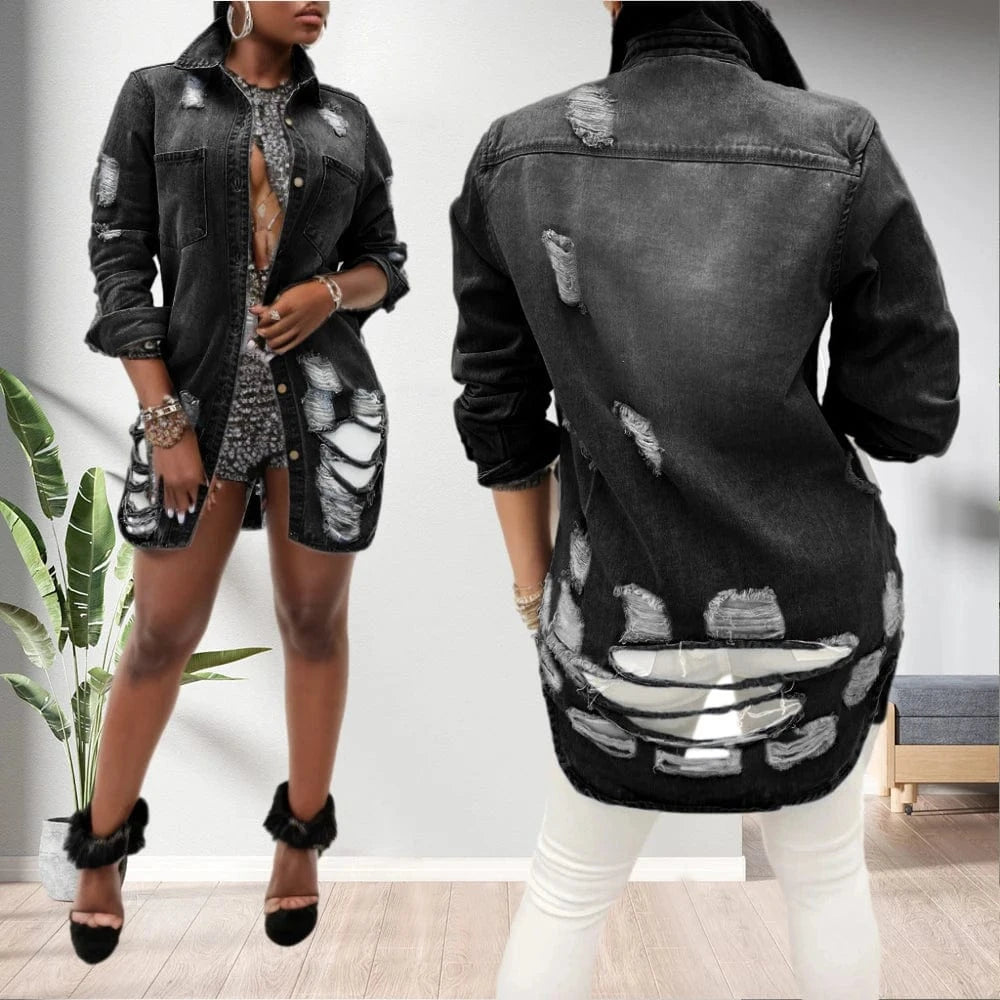 20530-MX99 ripped design denim long Pocket women coats sehe fashion