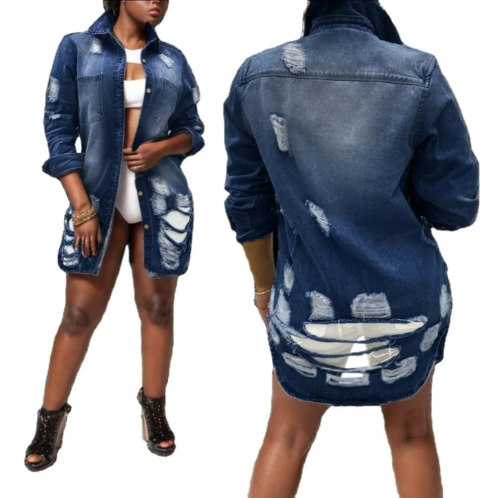 20530-MX99 ripped design denim long Pocket women coats sehe fashion