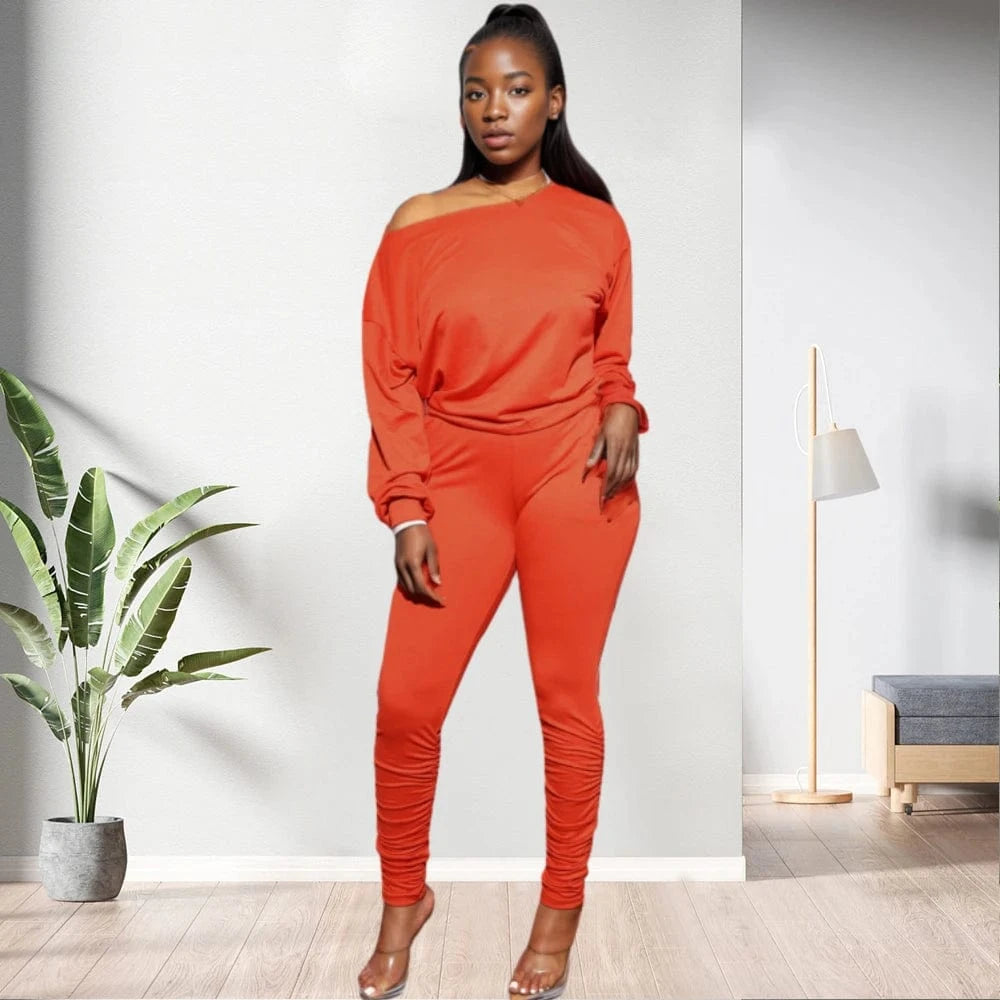 20701-MX30 Long sleeve one shoulder two piece sets stacked jumpsuits women sehe fashion