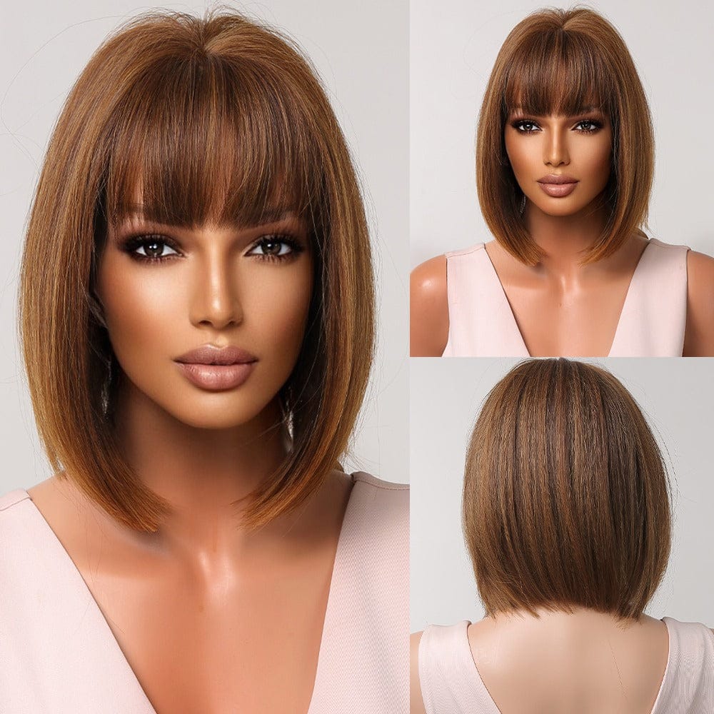 2071-2 Factory stock Short Straight Synthetic Wigs for Women Blonde to Brown Ombre Bob Wigs with Bangs Daily Heat Resistant Hair