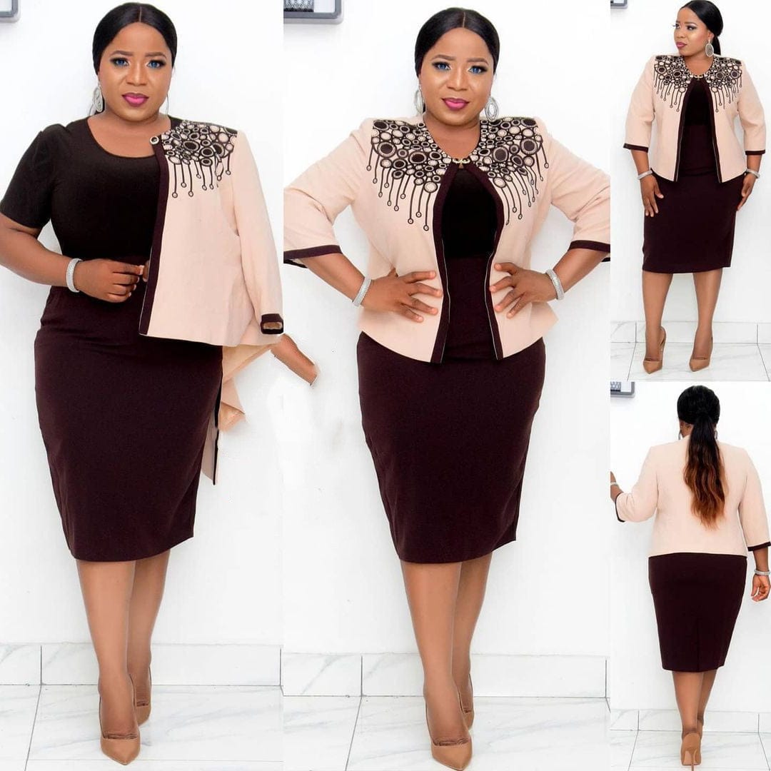 20715-MX16 Printed Plus Size Modest Dress With Short Coats Office Wear Set