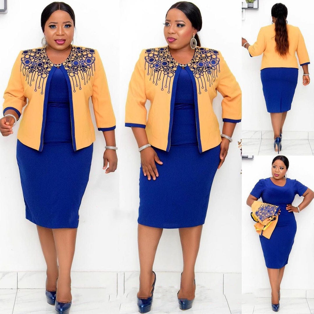 20715-MX16 Printed Plus Size Modest Dress With Short Coats Office Wear Set