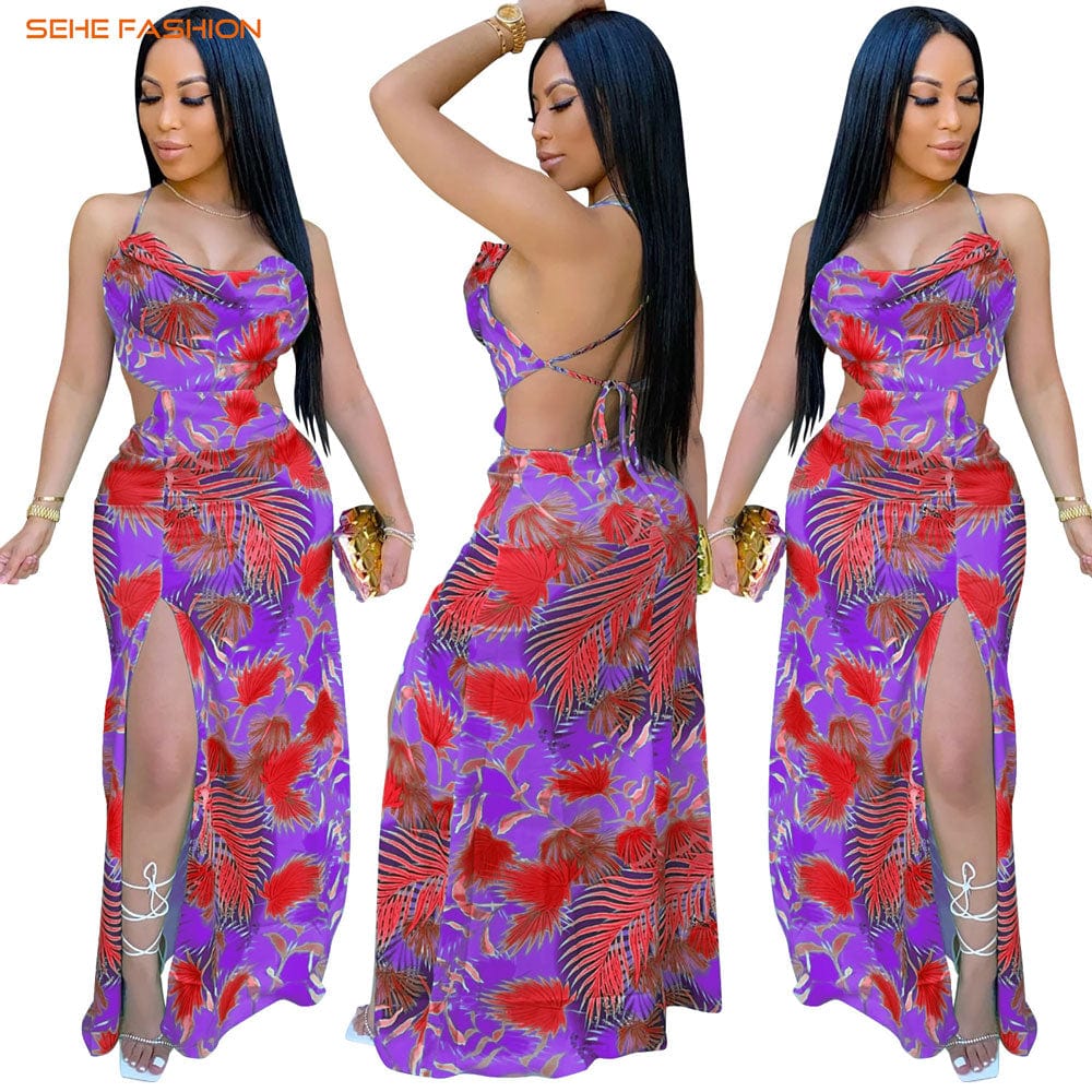 20730-MX75  sexy colorful print halter split design ladies dress sehe fashion
