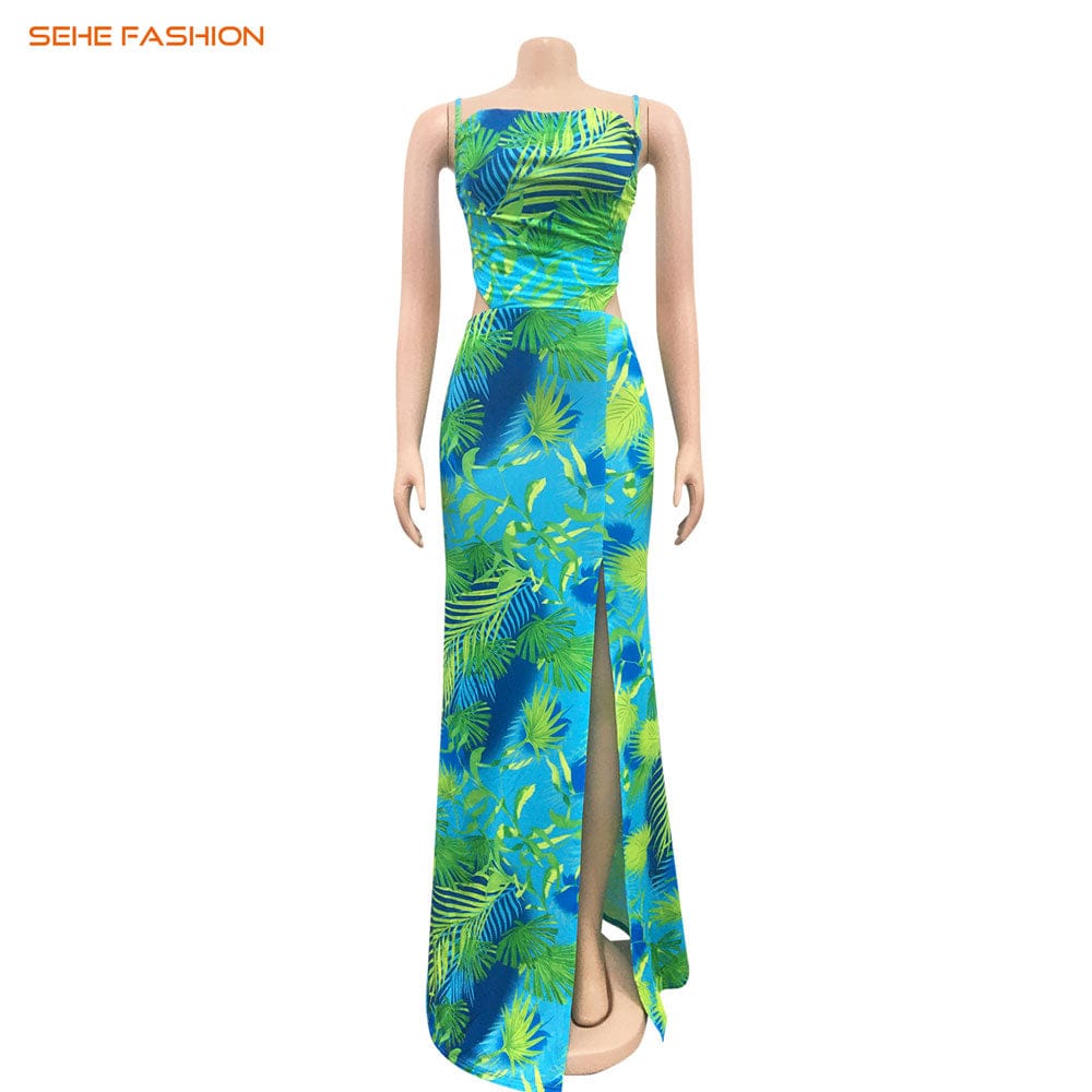 20730-MX75  sexy colorful print halter split design ladies dress sehe fashion