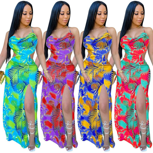 20730-MX75  sexy colorful print halter split design ladies dress sehe fashion