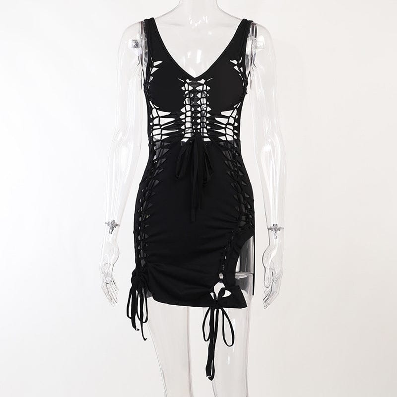 2079 Knitting Backless Sleeveless Hollow Out Mini Sexy Bodycon Women Dress 2022 New Fashion Party Elegant Wholesale Clothes