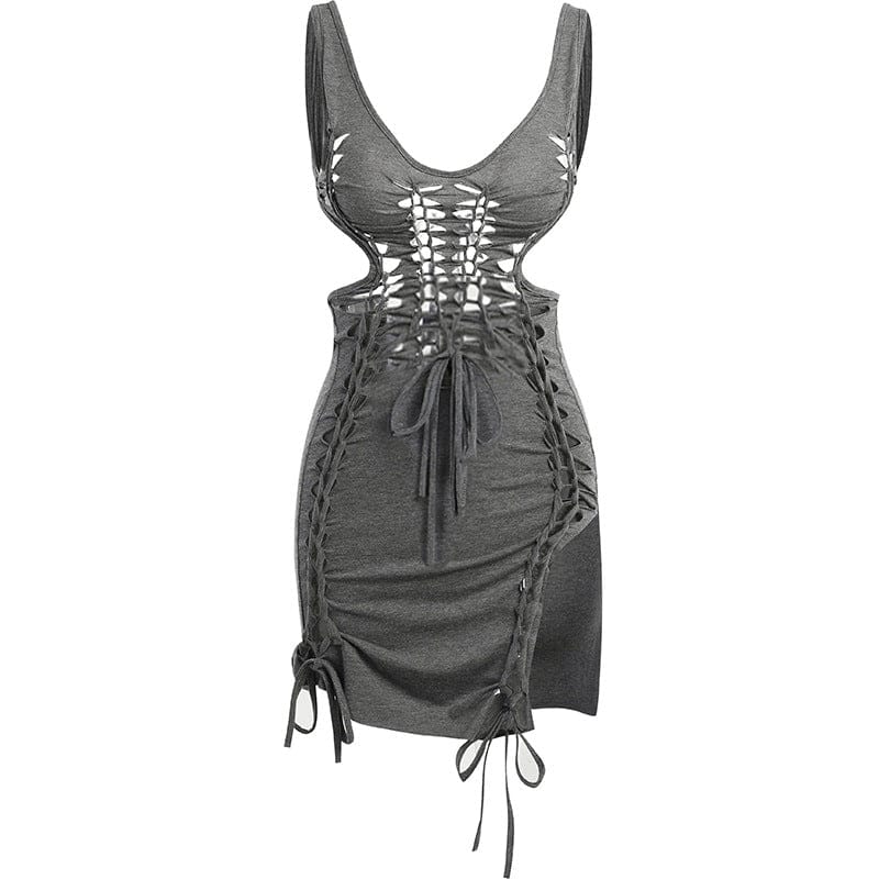 2079 Knitting Backless Sleeveless Hollow Out Mini Sexy Bodycon Women Dress 2022 New Fashion Party Elegant Wholesale Clothes