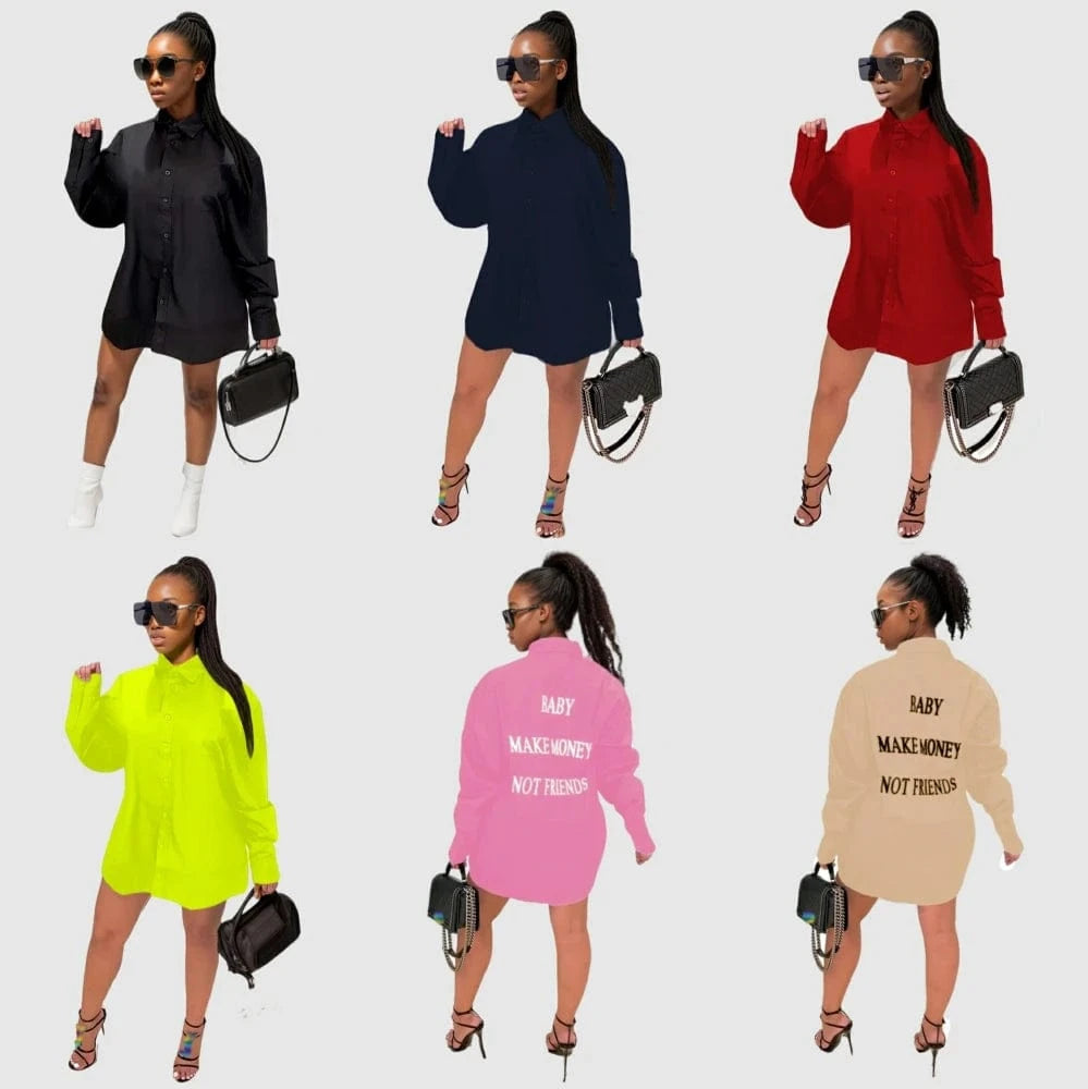 20805-MX44 letter printed solid color long sleeve shirt dress women sehe fashion