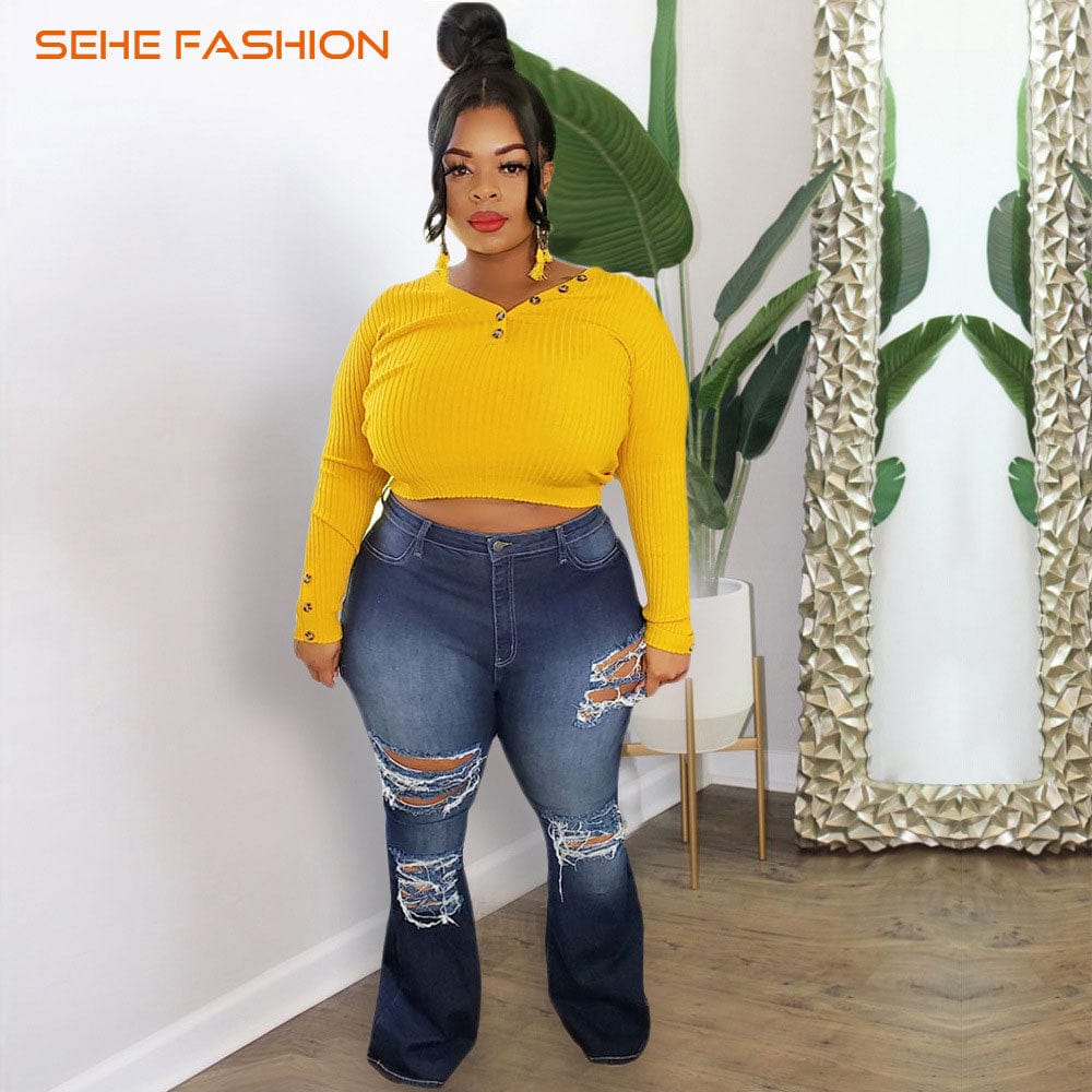 20805-MX5 new hole design flare pants denim jeans women sehe fashion