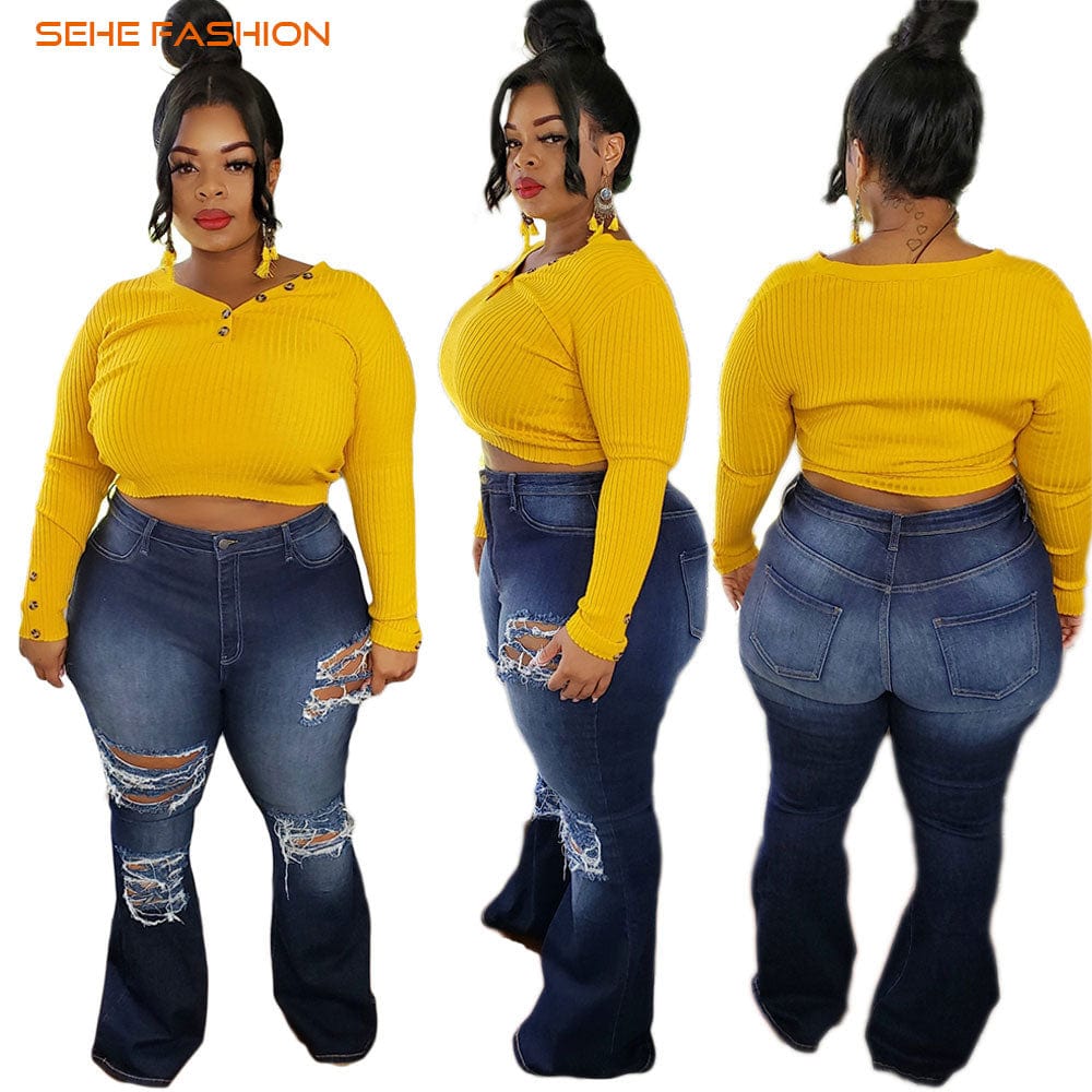 20805-MX5 new hole design flare pants denim jeans women sehe fashion