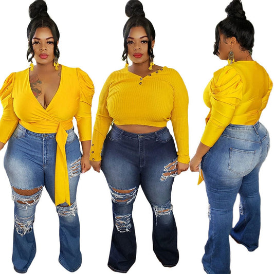 20805-MX5 new hole design flare pants denim jeans women sehe fashion