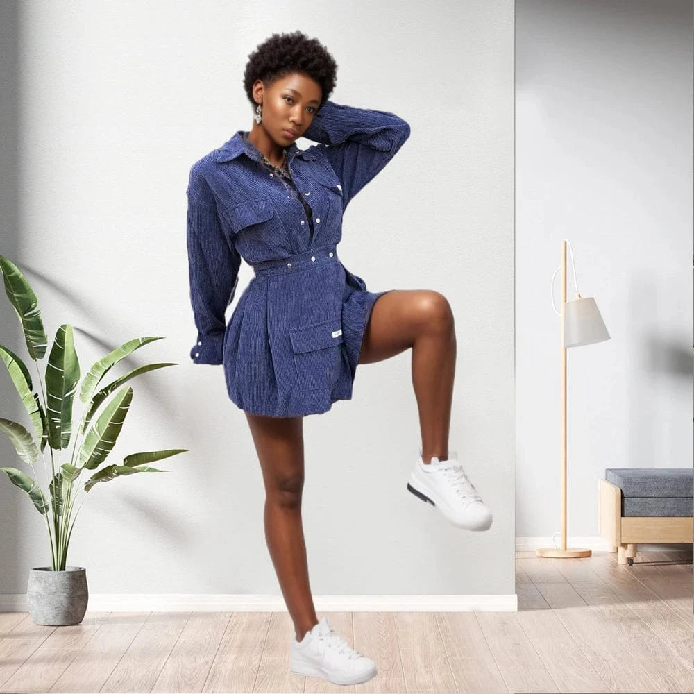 20810-MX56 corduroy pocket button casual women dresses sehe fashion