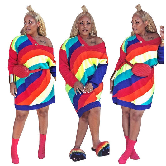 20811-MX15 v-neck colorful striped printed loose dresses women sehe fashion