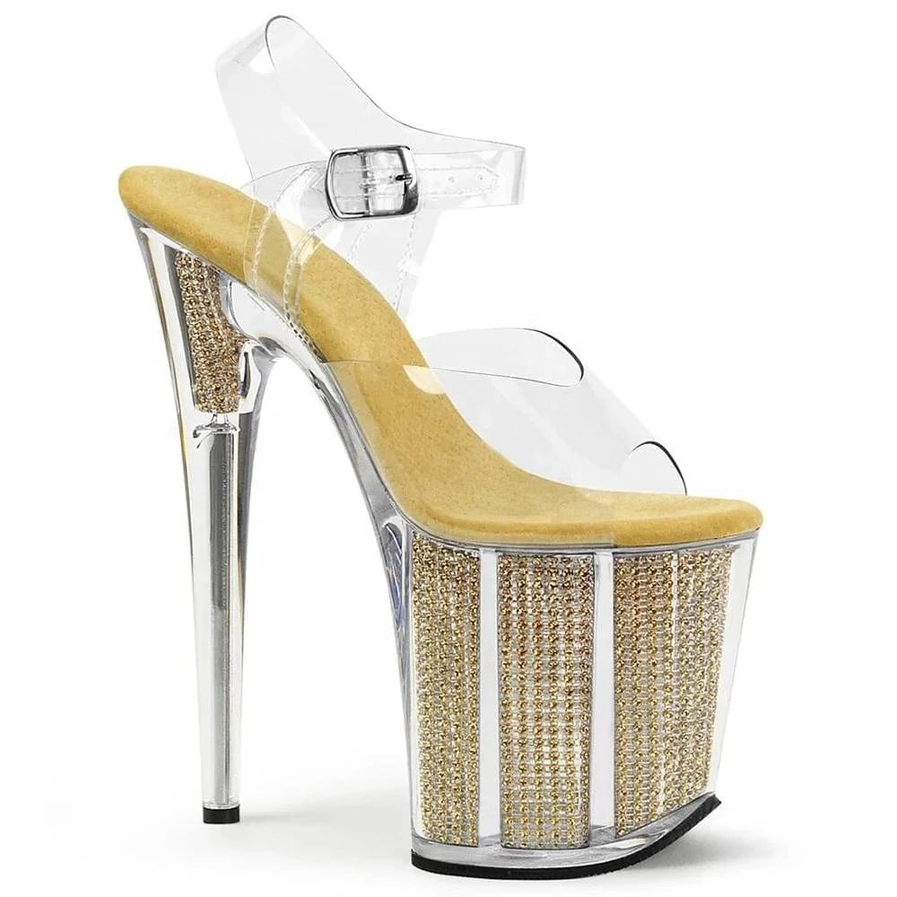 20cm super high heels club stiletto with full clear crystal dress sandals with round toe and shallow lip party shoes