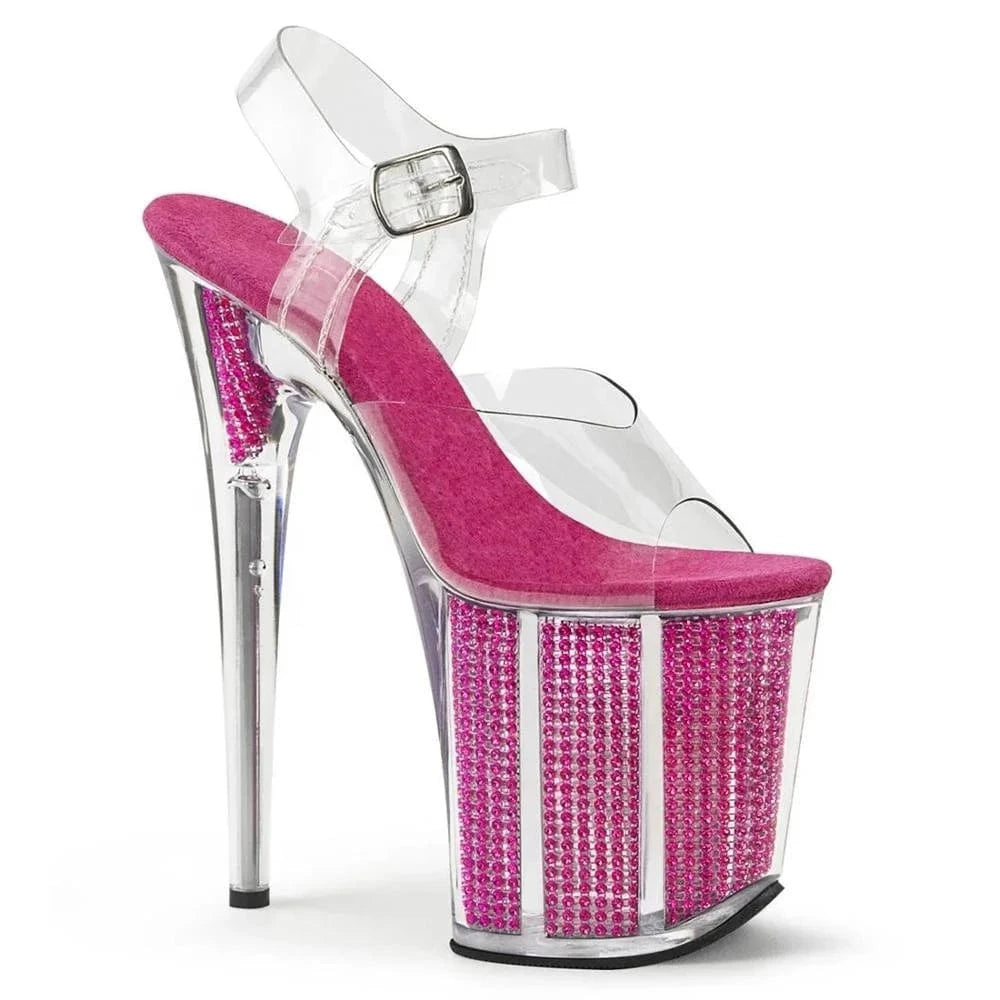 20cm super high heels club stiletto with full clear crystal dress sandals with round toe and shallow lip party shoes