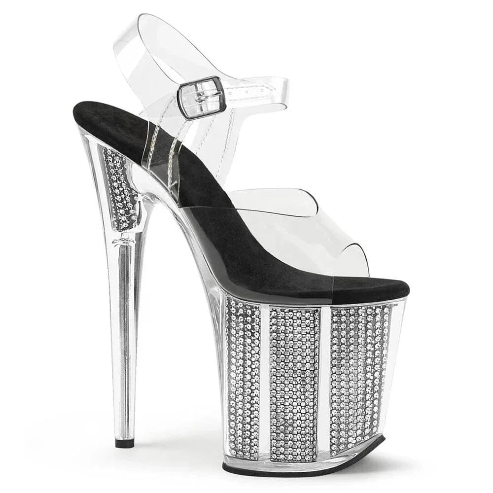 20cm super high heels club stiletto with full clear crystal dress sandals with round toe and shallow lip party shoes