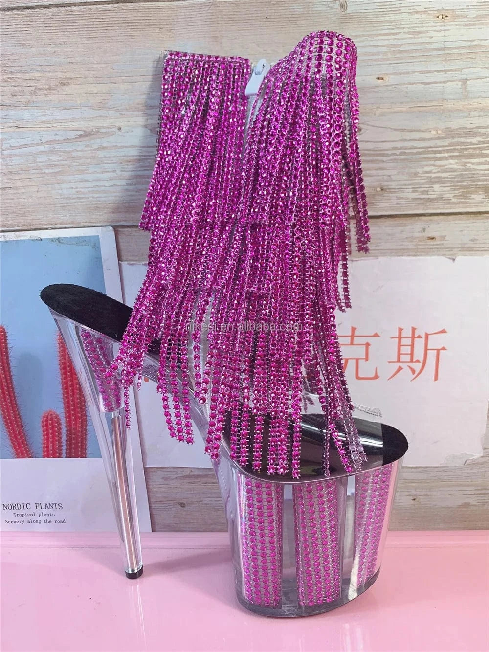 20cm water drill tassel decorated inside zipper high toe pole dancer bootie lady