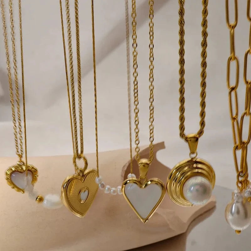 20inches / 1 custom Stainless steel necklace for ladies Pearl Sea  shell core heart Pendant Gold plating Titanium steel  gift for women mama