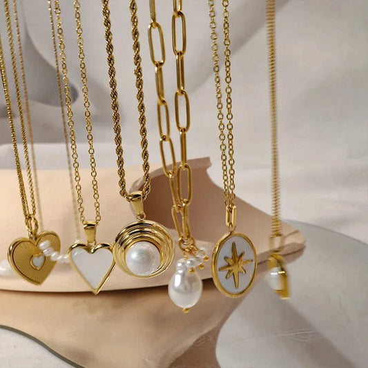 20inches / 1 custom Stainless steel necklace for ladies Pearl Sea  shell core heart Pendant Gold plating Titanium steel  gift for women mama