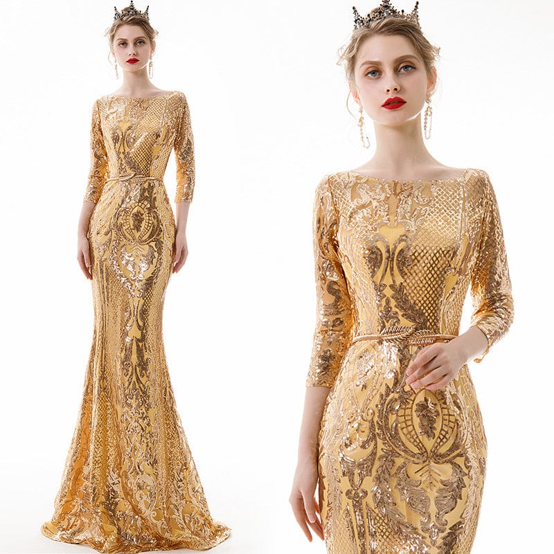 20W / 3 / Floor Length Mid Sleeve Gold Mermaid Sequin Women Evening Dress  o neck party formal Long night dresses drop shipping fulfill