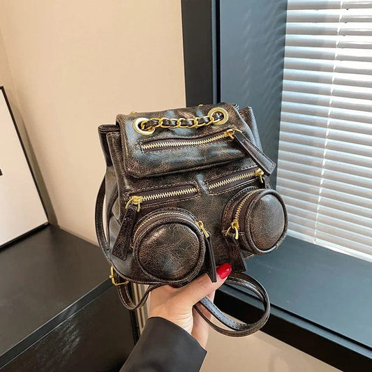 20x14x16cm / Gray NEW Leather One Shoulder Bag For Women Fashion 2024 New Trendy Double Pockets Zipper Chain Crossbody Bags Female