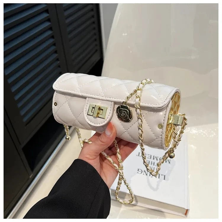 20x4x8cm / 2297 White Small Barrel Shaped Shoulder Bag For Women 2023 Diamond Lattice Round Handbag Purse Casual Crossbody Bag Camellia Pu Leather Bag