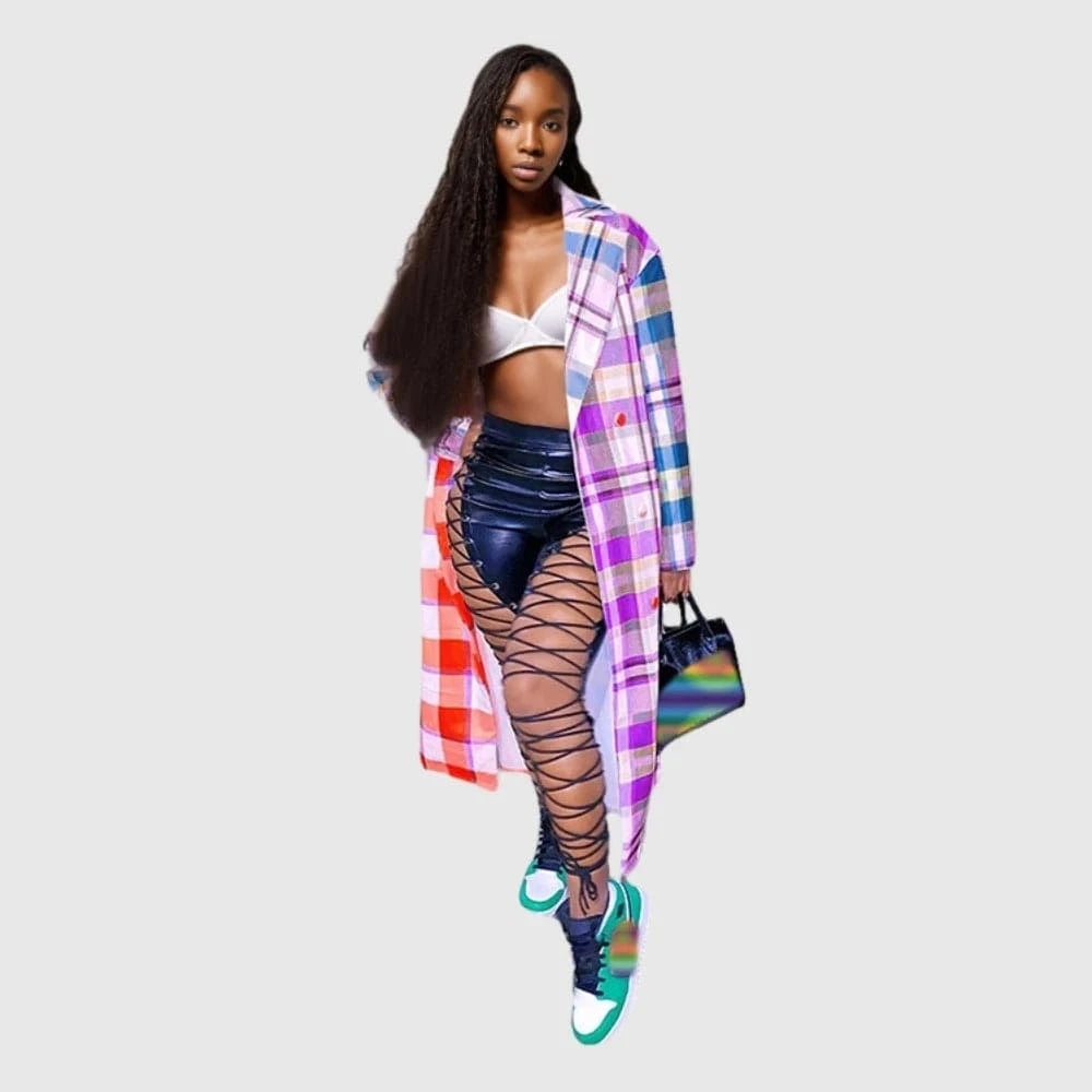 21009-MX29 casual contrast colorful plaid suit long coat women sehe fashion