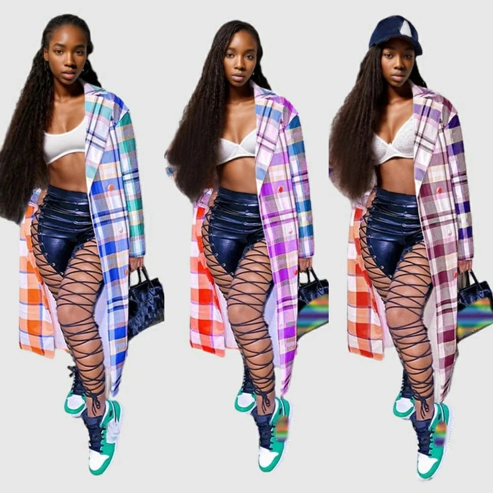 21009-MX29 casual contrast colorful plaid suit long coat women sehe fashion