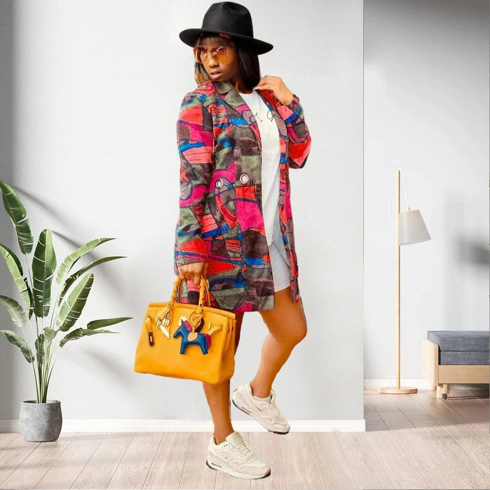 21009-MX66 hot sale casual graffiti printed long coats ladies women sehe fashion