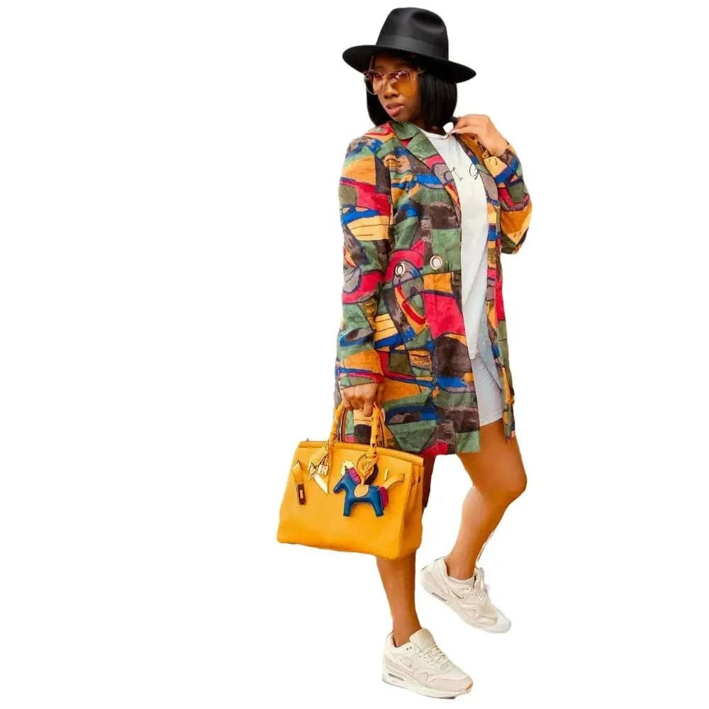 21009-MX66 hot sale casual graffiti printed long coats ladies women sehe fashion